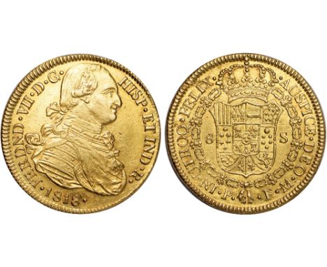 Foreign Coins and Medals, Colombia, Ferdinand VII, 8 escudos, 1818FM, Popayan, uniformed bust r., rev. crowned shield of arms