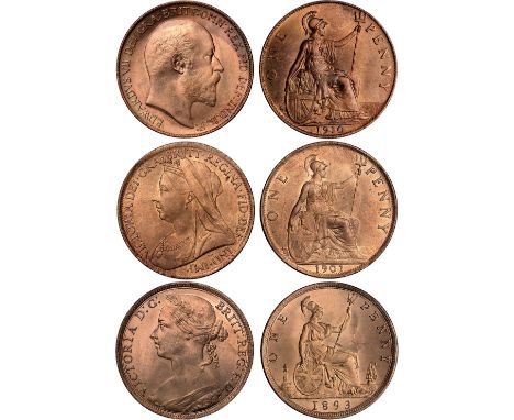 British Coins, Victoria, pennies (2): young head, 1893; veiled head, 1901, normal tide (S.3954/61); Edward VII, penny, 1910 (