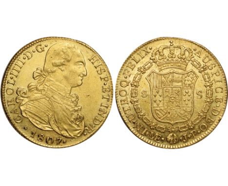 Foreign Coins and Medals, Peru, Carlos IV, 8 escudos, 1807JP, Lima, bust r., rev. crowned arms in Order chain (KM.101; Fr.40)