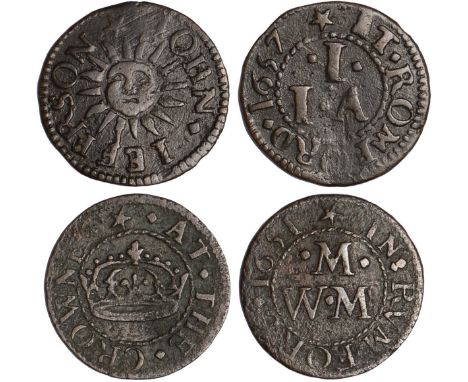 British Tokens, Seventeenth Century Tokens, Essex, Romford (2): Iohn Ieffrson, farthing, 1657, sun (W.263); W.M., farthing, 1