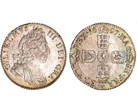 British Coins, William III, sixpence, 1697, second laur. and dr. bust r., rev. crowned cruciform shields, small crowns (S.353