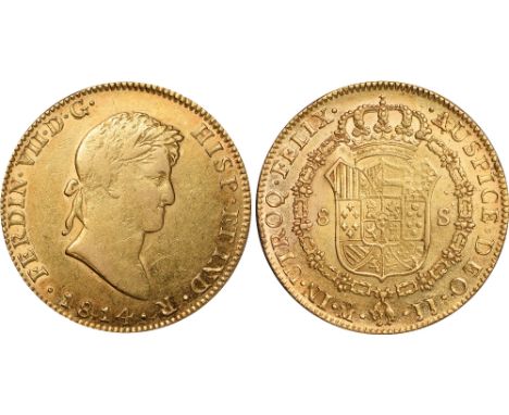 Foreign Coins and Medals, Mexico, Ferdinand VII, 8 escudos, 1814JJ, Mexico City, laur. head r., rev. crowned shield of arms w