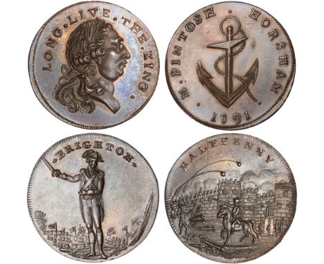 British Tokens, Eighteenth Century Tokens, Sussex, Brighton, halfpenny, undated, officer brandishing sword, the Camp behind, 