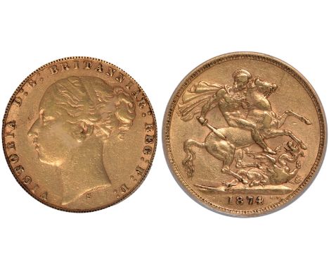  G British Coins, Victoria, sovereign, 1874S, WW buried in narrow truncation, horse with long tail, small BP in exergue, youn