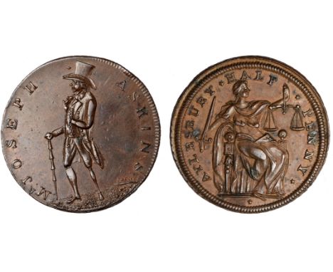 British Tokens, Eighteenth Century Tokens, Buckinghamshire, Aylesbury, mule halfpenny, undated, Justice on chair, rev. man st