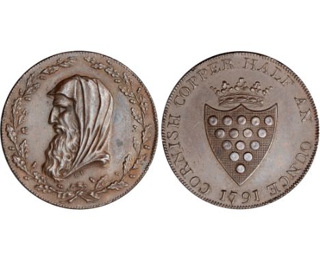 British Tokens, Eighteenth Century Tokens, Cornwall (4): Truro, [Cornish Metal Co.], halfpenny, 1791, Druid's bust, rev. Duch