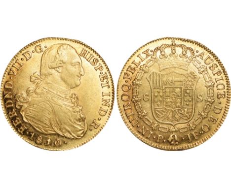 Foreign Coins and Medals, Colombia, Ferdinand VII, 8 escudos, 1810/09JF, Popayan, uniformed bust r., rev. crowned shield of a