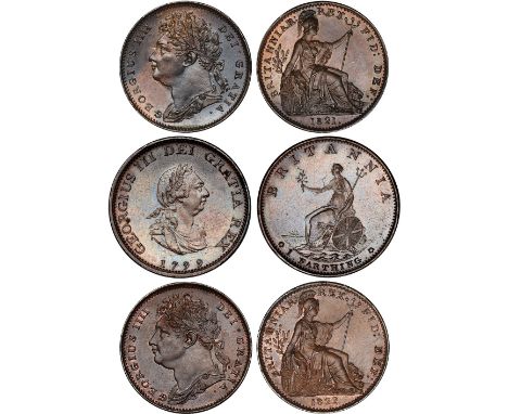 British Coins, George III, farthing, 1799, laur. bust r., rev. Britannia seated l. with shield and trident (S.3779); George I