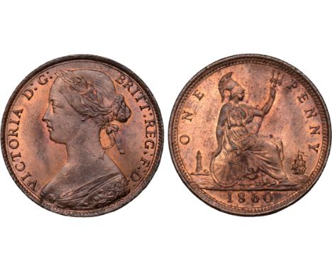 British Coins, Victoria, penny, 1860, toothed border, obv. young bust l., signature below cape, colon dots : after G: of D: G