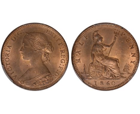 British Coins, Victoria, halfpenny, 1860, beaded border, young bust l., rev. Britannia std. r., with shield and trident (S.39