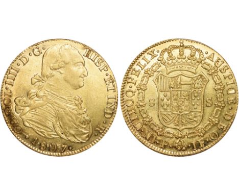 Foreign Coins and Medals, Colombia, Carlos IV, 8 escudos, 1807JF, Popayan, uniformed bust r., rev. crowned shield of arms wit