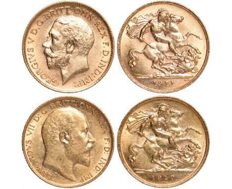 G British Coins, Edward VII and George V, half sovereigns (2): 1910; 1911, ‘Last Half-Sovereign of King Edward VII and the Fi