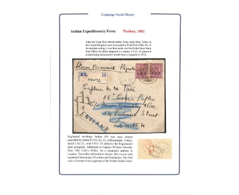 Indian Forces in Turkey. 1921 (Aug 5) Registered cover with I.E.F 2a (2) cancelled by Indian F.P.O 33 at Bostandjik, the regi