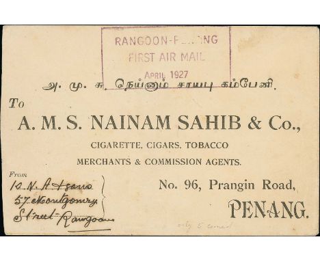 1927 (Apr 1) Rangoon to Penang Air Survey Co. flight by Nevill Vintcent, cover franked on reverse by KGV 1a pair tied by Rang