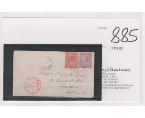 1873 (June 21) Cover to London franked 1d red + 6d dull purple tied by light numeral cancel, Hamilton and red London Paid dat
