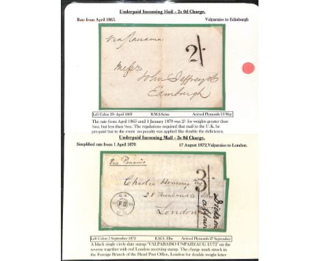 Chile. 1869-72 Stampless entire letter and entire from Valparaiso to G.B, the first with "2/-" charge mark (Tabeart type M73 