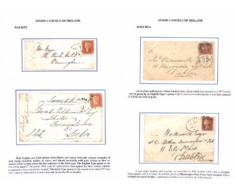 Ireland. 1855-61 Entires and covers (15) and a large piece, comprising English type spoons of Clonmel, Dalkey, Ennis (embosse
