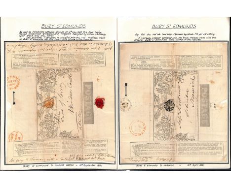 Mulreadys. 1840-41 1d Mulready lettersheets, both stereo A233, with red or black Maltese Cross cancels and matching Bury back