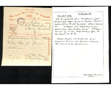 M.C.C Tour of Australia. 1901 (Dec 16) N.S.W telegram form with a Sydney c.d.s, posted within Sydney to A.C MacLaren (Captain