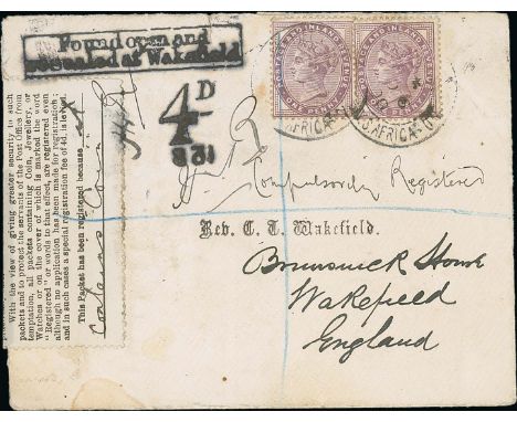 1900 (Nov 6) Registered cover to Wakefield with two 1d lilacs tied by F.P.O B.O c.d.s, endorsed "Compulsorily Registered" wit