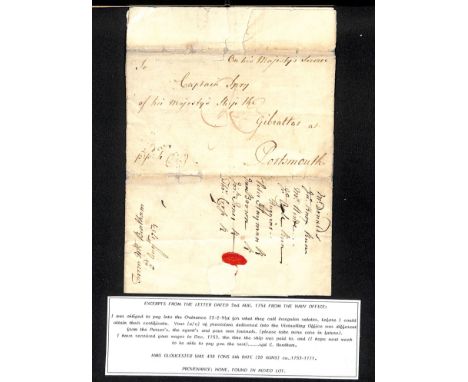 Navy Office. 1753-1813 Entire letters all with O.H.M.S headings but prepaid in cash, comprising 1753 letter to H.M. Ship "Gib