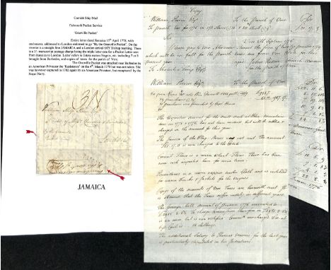 1778 (Apr 7/15) Entire letters from Kingston to London endorsed by the "Grenville" Packet, backstamped "JAMAICA" (PS.6) and "