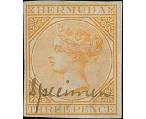 3d Yellow-buff, imperforate plate proof on Crown CC paper, partial gum, with manuscript "Specimen" (Samuel type DMS), believe