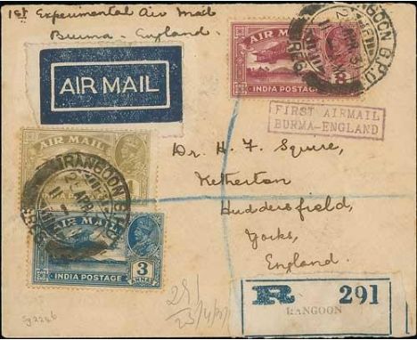1931 (Apr 30) Australia to England first experimental flight, registered cover from Rangoon to London franked Air 3a (2), 4a,