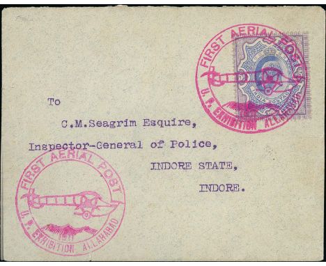 1911 (Feb 18) Allahabad First Aerial Post, registered cover to Indore franked KEVII 5r tied by the special pictorial Aerial P