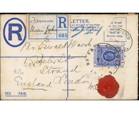 1915 KGV 18c F Size registration envelope (stamp inscribed "POSTAGE &amp; / REGISTRATION") to London, cancelled by large "FAR