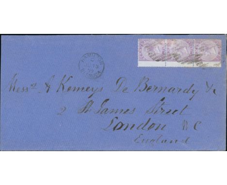 1877 (June 13) Triple rate cover to London bearing 6d dull mauve vertical strip of three, light numeral cancels with a Hamilt