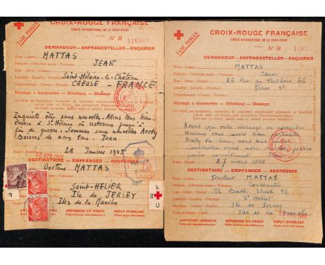 France. 1945 French Red Cross forms with "Taxe Percue" printed in the upper left corner, sent by Jean Mattas from Paris or Cr