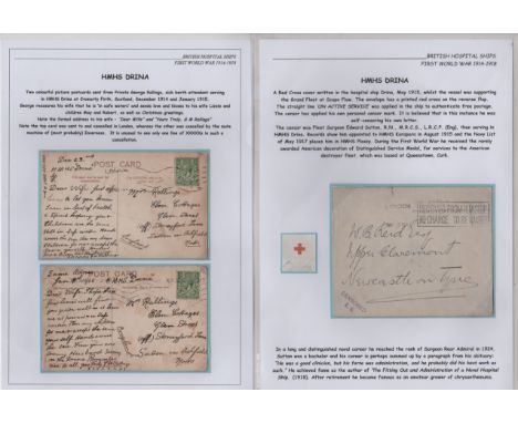 Drina. 1914-15 Covers (2) and picture postcards (5) from the ship, a 3d registration envelope franked ½d pair tied by naval d
