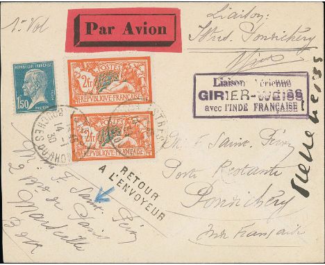 French India / China. 1930-38 Covers comprising 1930 (Jan 17) Girier and Weiss Paris to Pondicherry flight (2, one signed by 