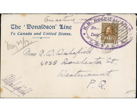 Letitia. 1917 Printed "Donaldson Line" envelope to Canada with violet oval "H.M HOSPITAL SHIP / No ... / Date ... / "LETITIA"