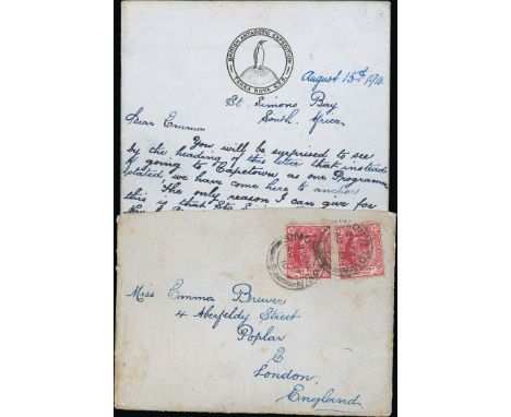 1910-13 Scott Expedition. 1910 (Aug 15) Four page letter written from "St. Simons Bay, South Africa" on notepaper with the pr