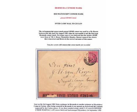 Manuscript Censorship/Ceylon. 1901 (Aug 3) Cover franked 1d to a P.O.W in Diyatalawa Camp, with red manuscript "passed JHMB C