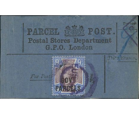 Government Parcels. 1897-1902 Small blue Postal Stores Department Parcel Post label with 9d Govt Parcels overprint cancelled 