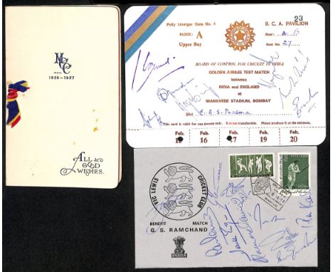 India. 1927-2004 Ephemera including 1926-27 M.C.C tour of India Christmas card; 1952 Hampshire match scorecard; c.1976 ticket