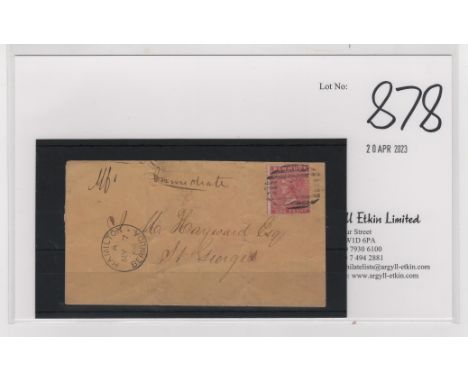 1869 (May 7) Cover to St. Georges endorsed "Immediate", a 1d rose-red cancelled "2" type K1 numeral with "HAMILTON / BERMUDA"