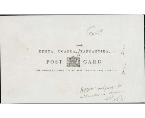 1934 Postcard Inscription Essay Die Proof in black on white glazed paper, altered with manuscript "and" (between "Uganda" and