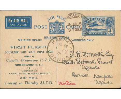 1931 (July 18) 4a Air Mail Postcards with printed inscription "First Flight, Souvenir Air Mail Postcard issued at Calcutta We