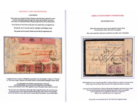 1901-02 Registered covers from O.R.C to Hawkins Island franked by five 1d stamps, or from Transvaal to Tintown Camp and redir