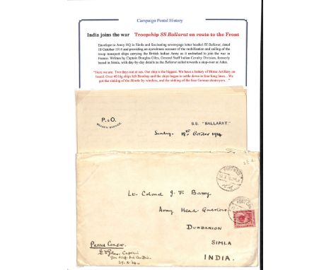 World War One. 1914 (Oct 18-23) 13 Page letter written by Captain E.D Giles, General Staff, Indian Cavalry Division, posted f