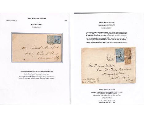 1881-86 Covers from Hamilton to USA franked at the 5d late fee rate, the first franked 2d bright blue pair + ½d stone vertica