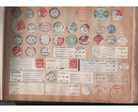 Postmarks. c.1840-1920 G.B and worldwide postmarks in two large albums, all tragically cut to shape and glued into the albums