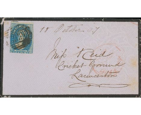 Tasmania. 1867 (Oct 18) Mourning cover from Hobart to "Miss Reid, Cricket-Ground, Launceston" franked 4d (2 margins), red "PR