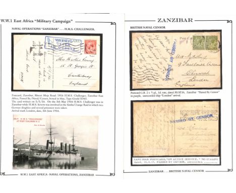 Naval Mail. 1915-19 Covers and cards with 1915 cover franked 6c tied by Zanzibar squared circle with manuscript "Censored Rev