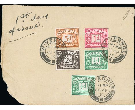 Due Stamps - First Day Cover. 1914 (Apr 20) Large piece bearing ½d (2), 1d, 2d and 5d postage due stamps all tied by Wivenhoe