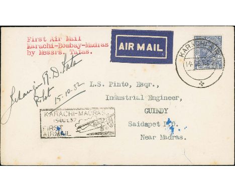 1932 (Oct 15) Tata Sons Ltd, Karachi to Madras route, covers flown from Karachi to Bombay or Madras, both signed by the pilot